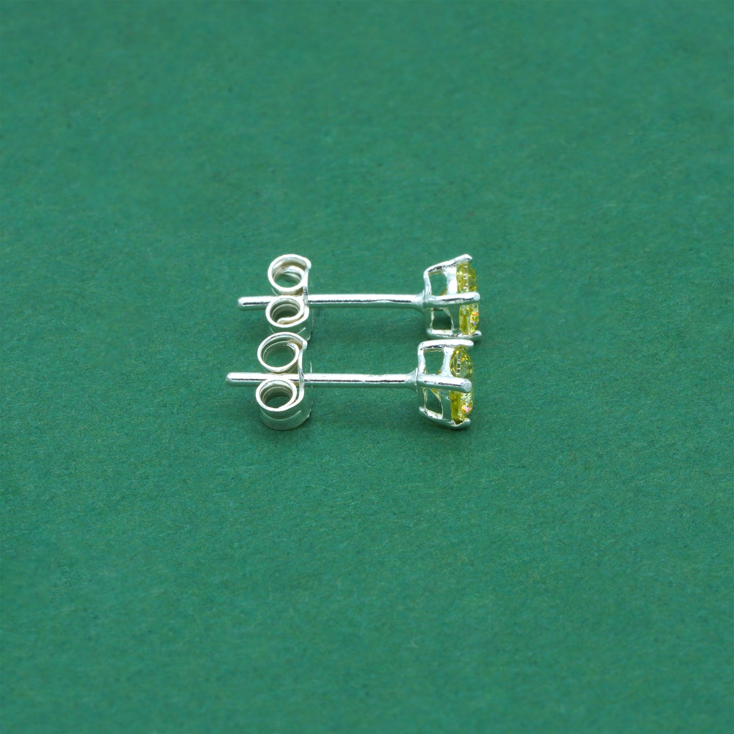 925 Sterling Silver Peridot CZ Stud Earrings 4mm, Light Yellow Cubic Zirconia Studs, Minimal Dainty Crystal Earrings