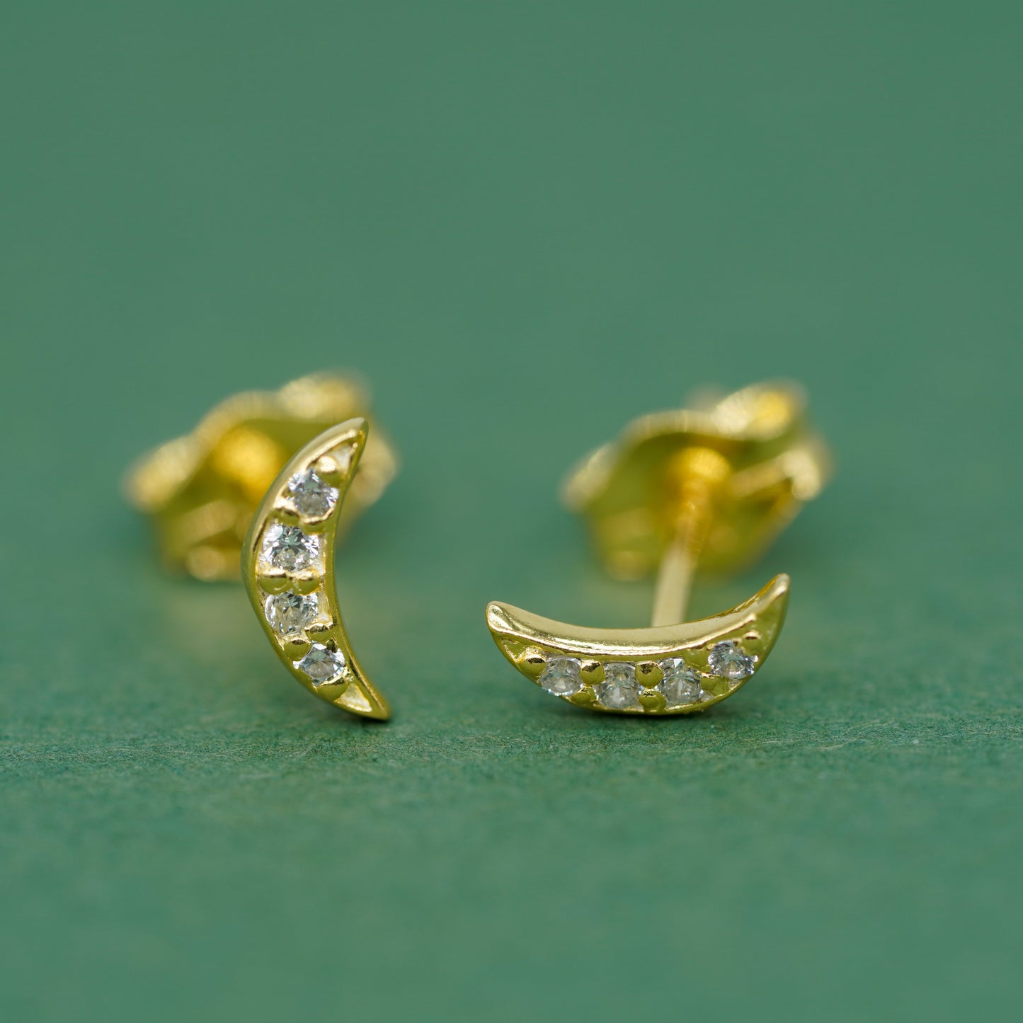 Gold Plated 925 Sterling Silver 7.5mm Cubic Zirconia Crescent Moon Studs