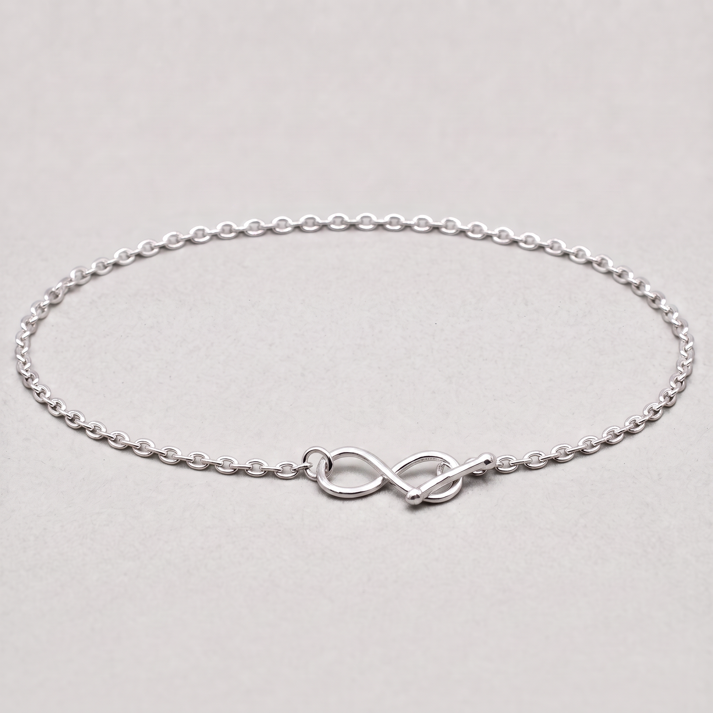 925 Sterling Silver 7.5” Infinity T Bar Bracelet on 1.9mm Rolo Chain