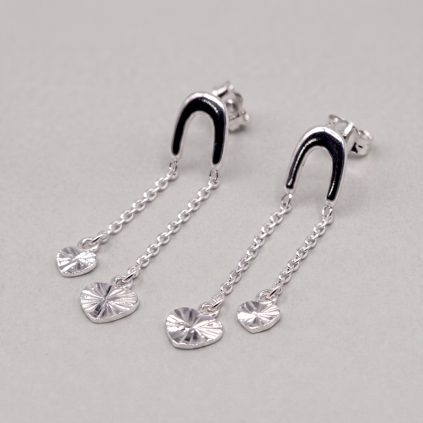 925 Sterling Silver Double Fluted Diamond Cut Heart Dropped Stud Earring