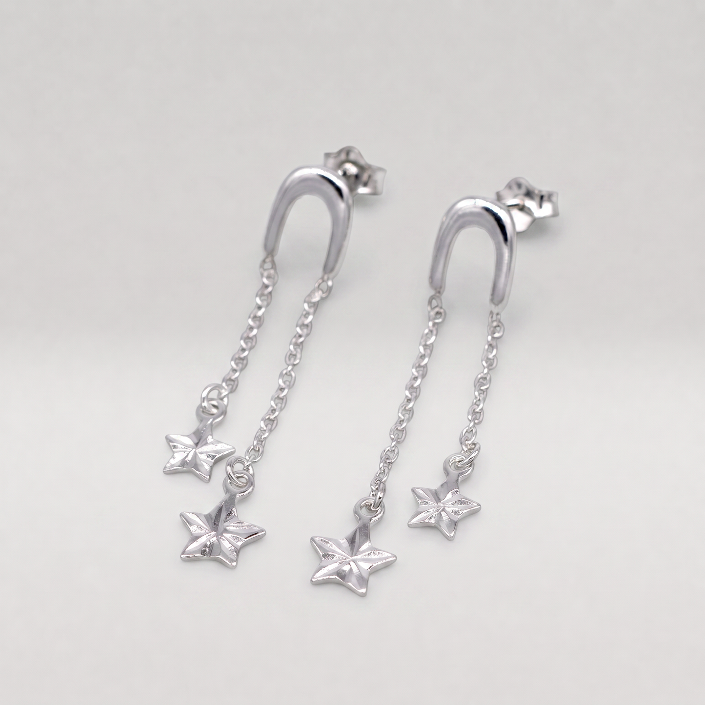 925 Sterling Silver Double Fluted Diamond Cut Star Dropped Stud Earrings