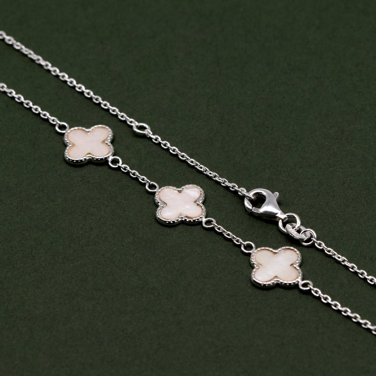 925 Sterling Silver Triple Four Leaf Clover Motif Necklace on 18" Rolo Chain