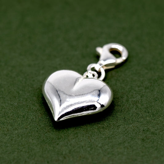 925 Sterling Silver Puffed Heart Charm with Claw Carabiner Fitting