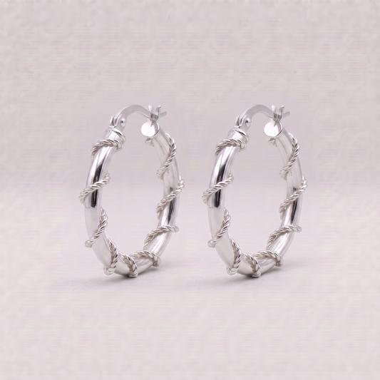 925 Sterling Silver Creole Style Twisted Wire Wrapped Hoop Earrings 20mm