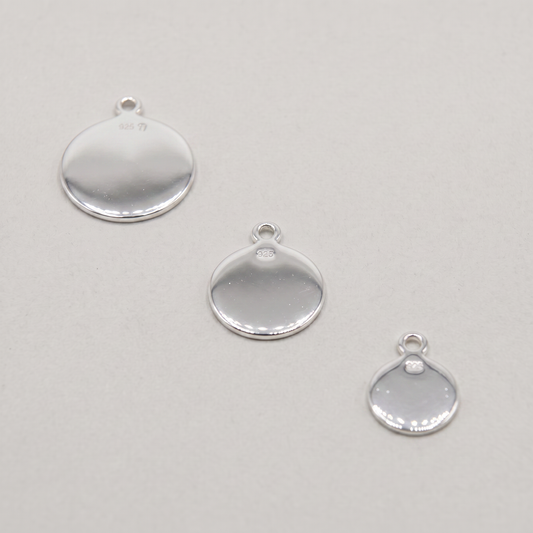 925 Sterling Silver Disk Charm Pendant 9, 12, 15mm Diameter