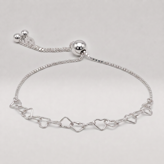 925 Sterling Silver Chain of Hearts Adjustable Slider Bracelet