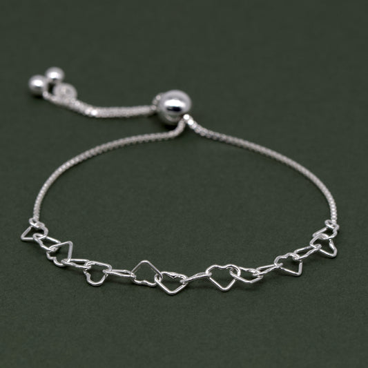 925 Sterling Silver Chain of Hearts Adjustable Slider Bracelet