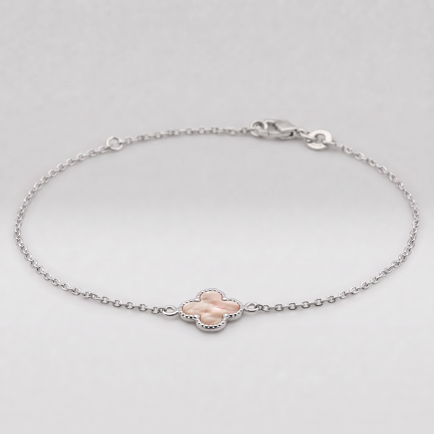 925 Sterling Silver Four Leaf Clover Motif Bracelet On 7.5" Rolo Chain