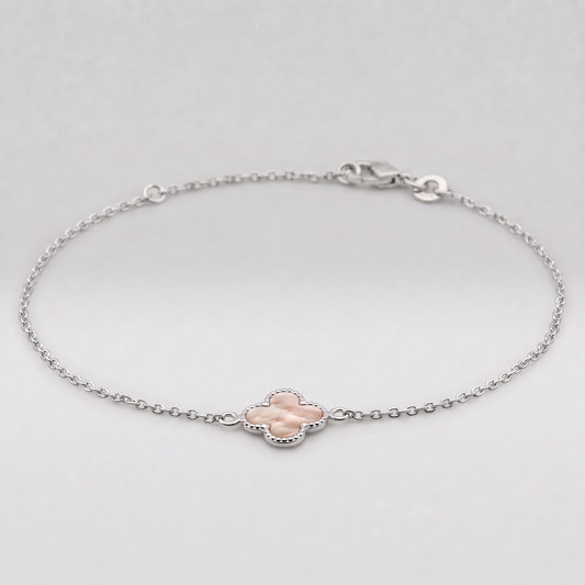 925 Sterling Silver Four Leaf Clover Motif Bracelet On 7.5" Rolo Chain