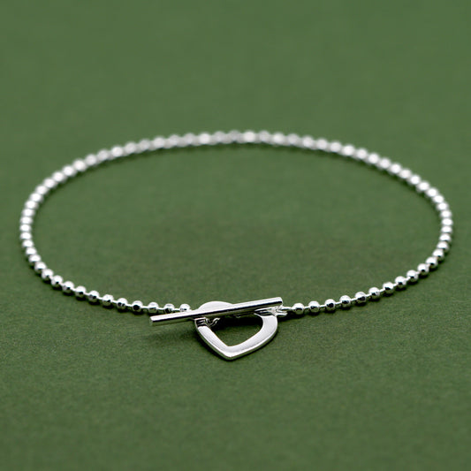 925 Sterling Silver Heart & T Bar Ball Bracelet