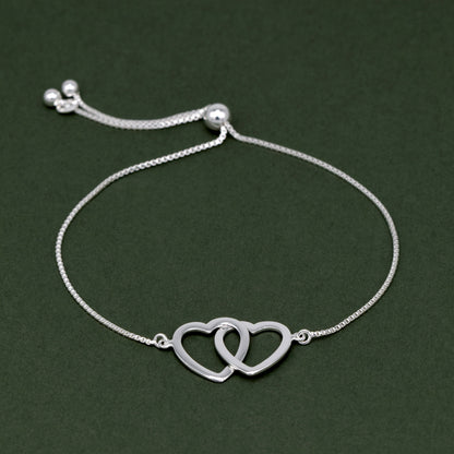 925 Sterling Silver Twin Hearts Adjustable Slider Bracelet