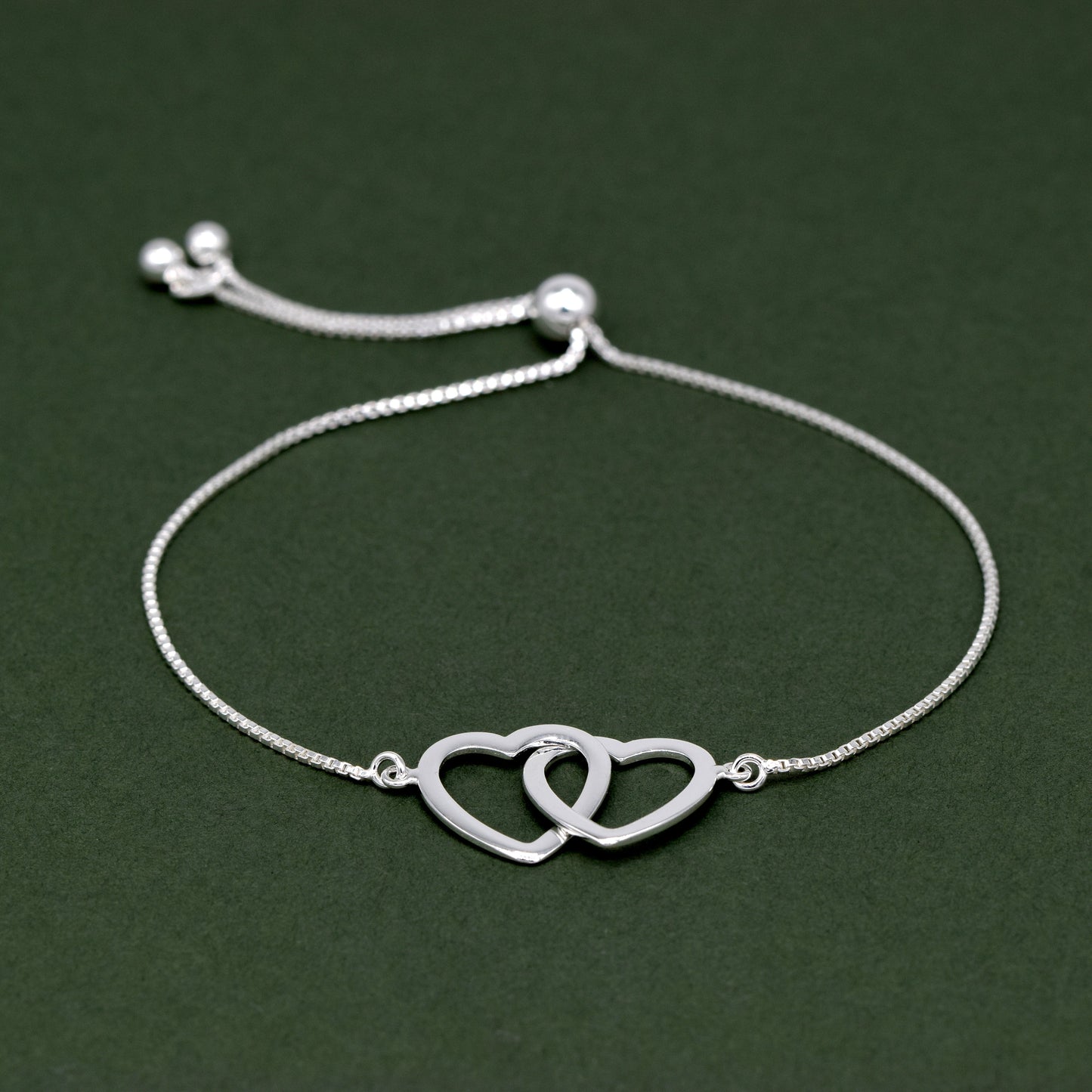 925 Sterling Silver Twin Hearts Adjustable Slider Bracelet