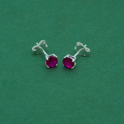 925 Sterling Silver Ruby CZ Stud Earrings 4mm, Magenta Cubic Zirconia Studs, Minimal Dainty Crystal Earrings