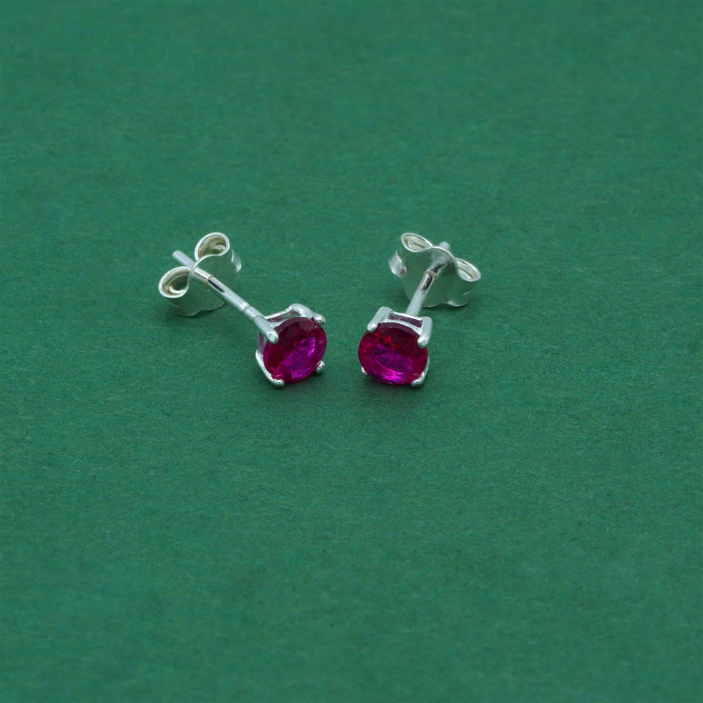 925 Sterling Silver Ruby CZ Stud Earrings 4mm, Magenta Cubic Zirconia Studs, Minimal Dainty Crystal Earrings