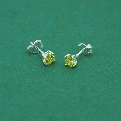 925 Sterling Silver Peridot CZ Stud Earrings 4mm, Light Yellow Cubic Zirconia Studs, Minimal Dainty Crystal Earrings