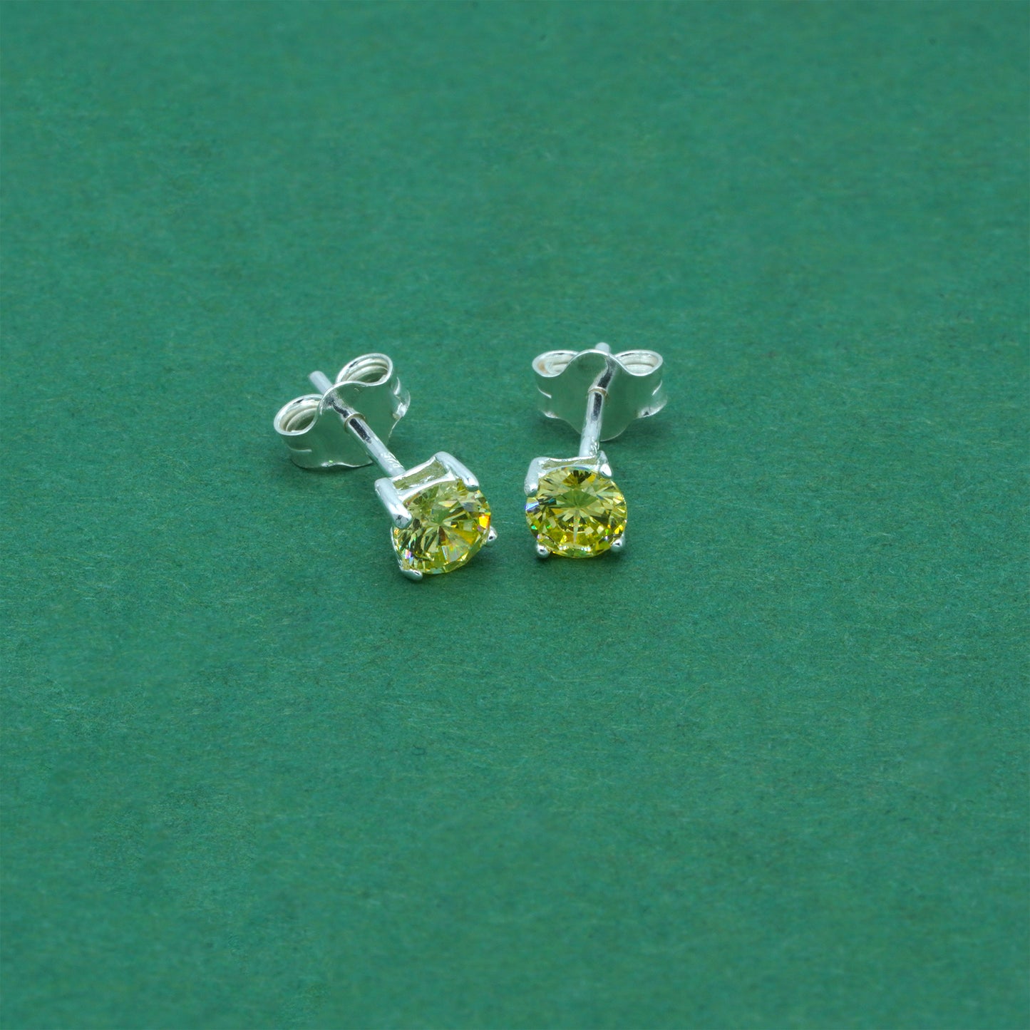 925 Sterling Silver Peridot CZ Stud Earrings 4mm, Light Yellow Cubic Zirconia Studs, Minimal Dainty Crystal Earrings