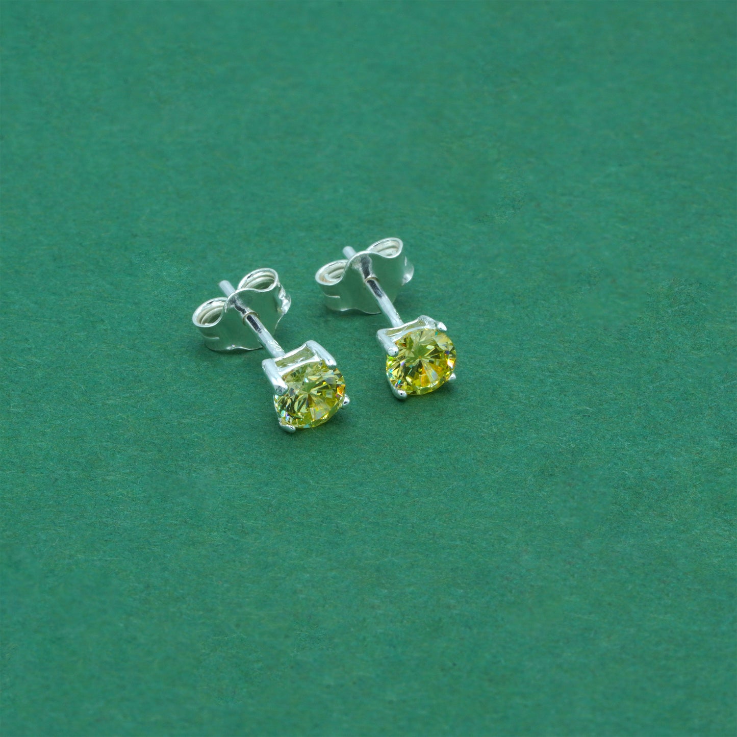 925 Sterling Silver Peridot CZ Stud Earrings 4mm, Light Yellow Cubic Zirconia Studs, Minimal Dainty Crystal Earrings