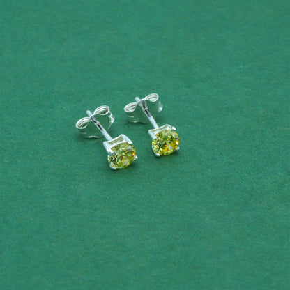925 Sterling Silver Peridot CZ Stud Earrings 4mm, Light Yellow Cubic Zirconia Studs, Minimal Dainty Crystal Earrings