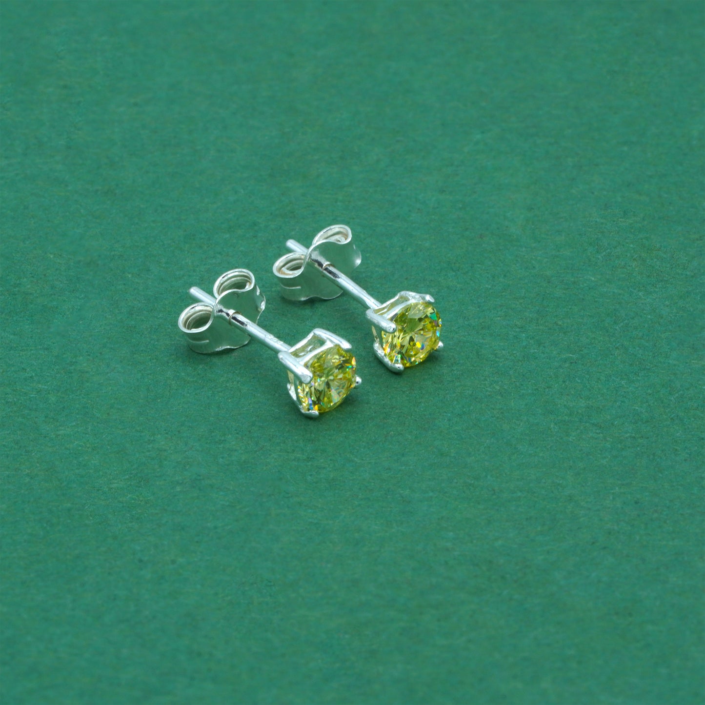 925 Sterling Silver Peridot CZ Stud Earrings 4mm, Light Yellow Cubic Zirconia Studs, Minimal Dainty Crystal Earrings