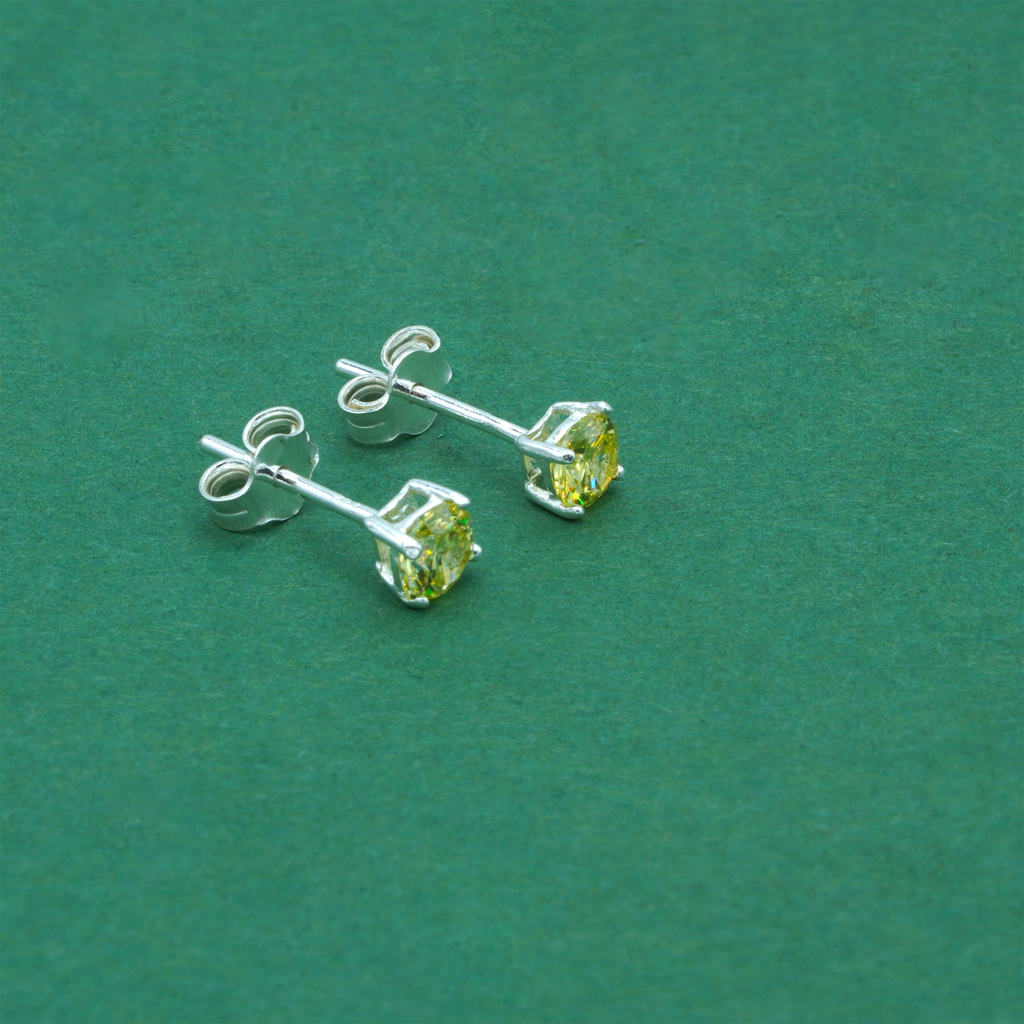 925 Sterling Silver Peridot CZ Stud Earrings 4mm, Light Yellow Cubic Zirconia Studs, Minimal Dainty Crystal Earrings