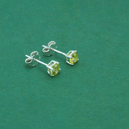 925 Sterling Silver Peridot CZ Stud Earrings 4mm, Light Yellow Cubic Zirconia Studs, Minimal Dainty Crystal Earrings