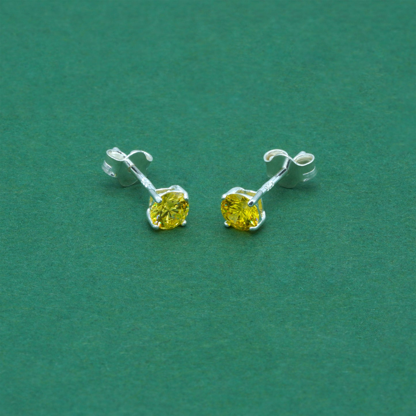 925 Sterling Silver Citrine CZ Stud Earrings 4mm, Golden Yellow Cubic Zirconia Studs, Minimal Dainty Crystal Earrings
