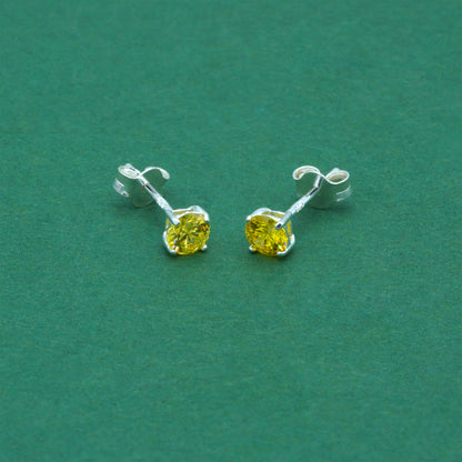 925 Sterling Silver Citrine CZ Stud Earrings 4mm, Golden Yellow Cubic Zirconia Studs, Minimal Dainty Crystal Earrings