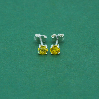 925 Sterling Silver Citrine CZ Stud Earrings 4mm, Golden Yellow Cubic Zirconia Studs, Minimal Dainty Crystal Earrings