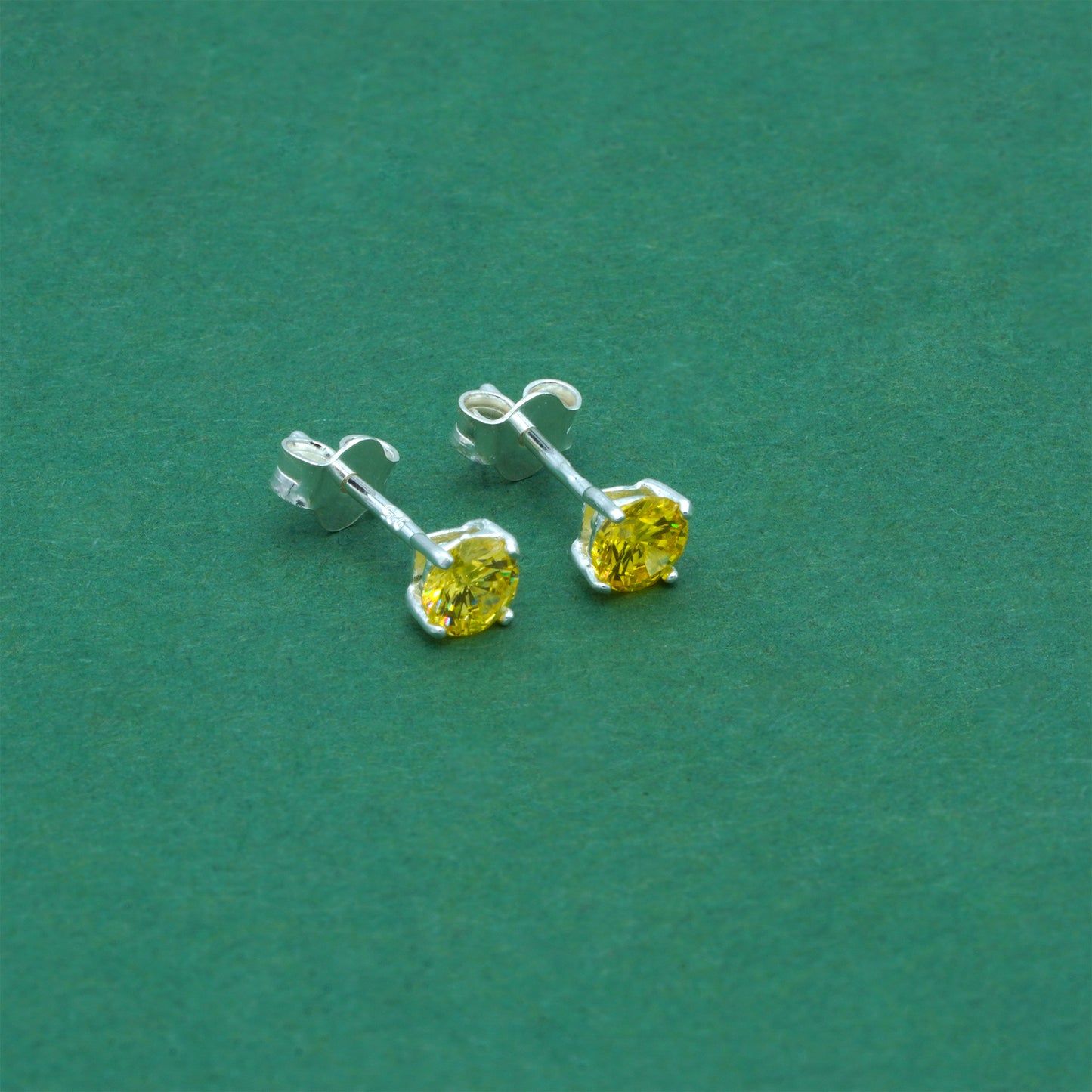 925 Sterling Silver Citrine CZ Stud Earrings 4mm, Golden Yellow Cubic Zirconia Studs, Minimal Dainty Crystal Earrings