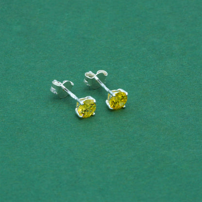 925 Sterling Silver Citrine CZ Stud Earrings 4mm, Golden Yellow Cubic Zirconia Studs, Minimal Dainty Crystal Earrings