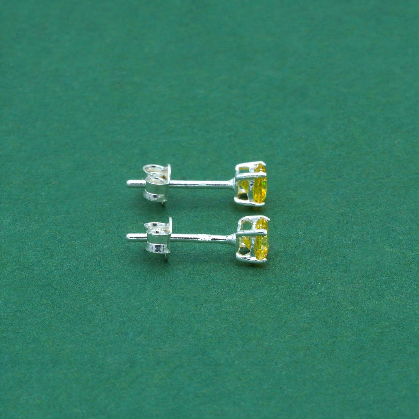 925 Sterling Silver Citrine CZ Stud Earrings 4mm, Golden Yellow Cubic Zirconia Studs, Minimal Dainty Crystal Earrings