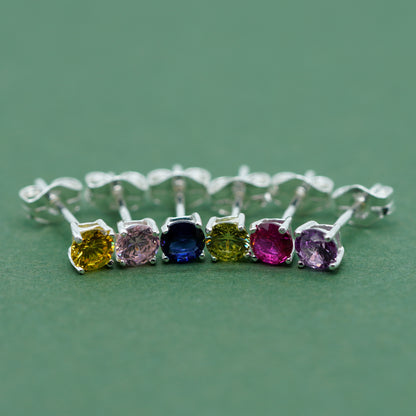 925 Sterling Silver 4mm Coloured Gem C/Z Stud Earrings
