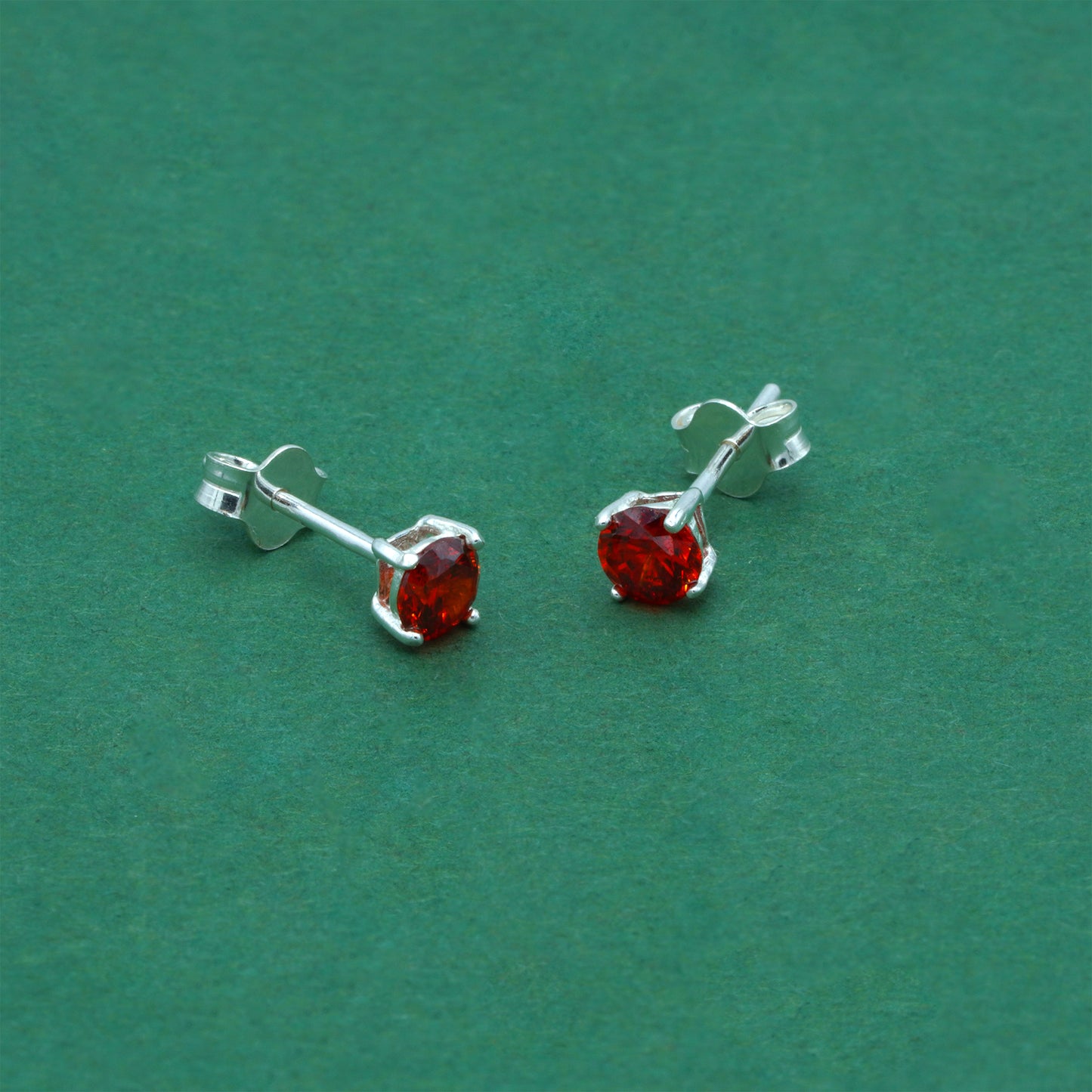 925 Sterling Silver Garnet CZ Stud Earrings 4mm, Ruby Red Cubic Zirconia Studs, Minimal Dainty Crystal Earrings