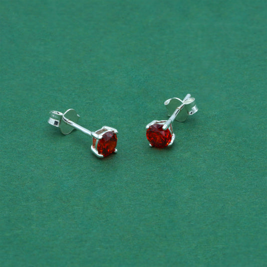 925 Sterling Silver Garnet CZ Stud Earrings 4mm, Ruby Red Cubic Zirconia Studs, Minimal Dainty Crystal Earrings