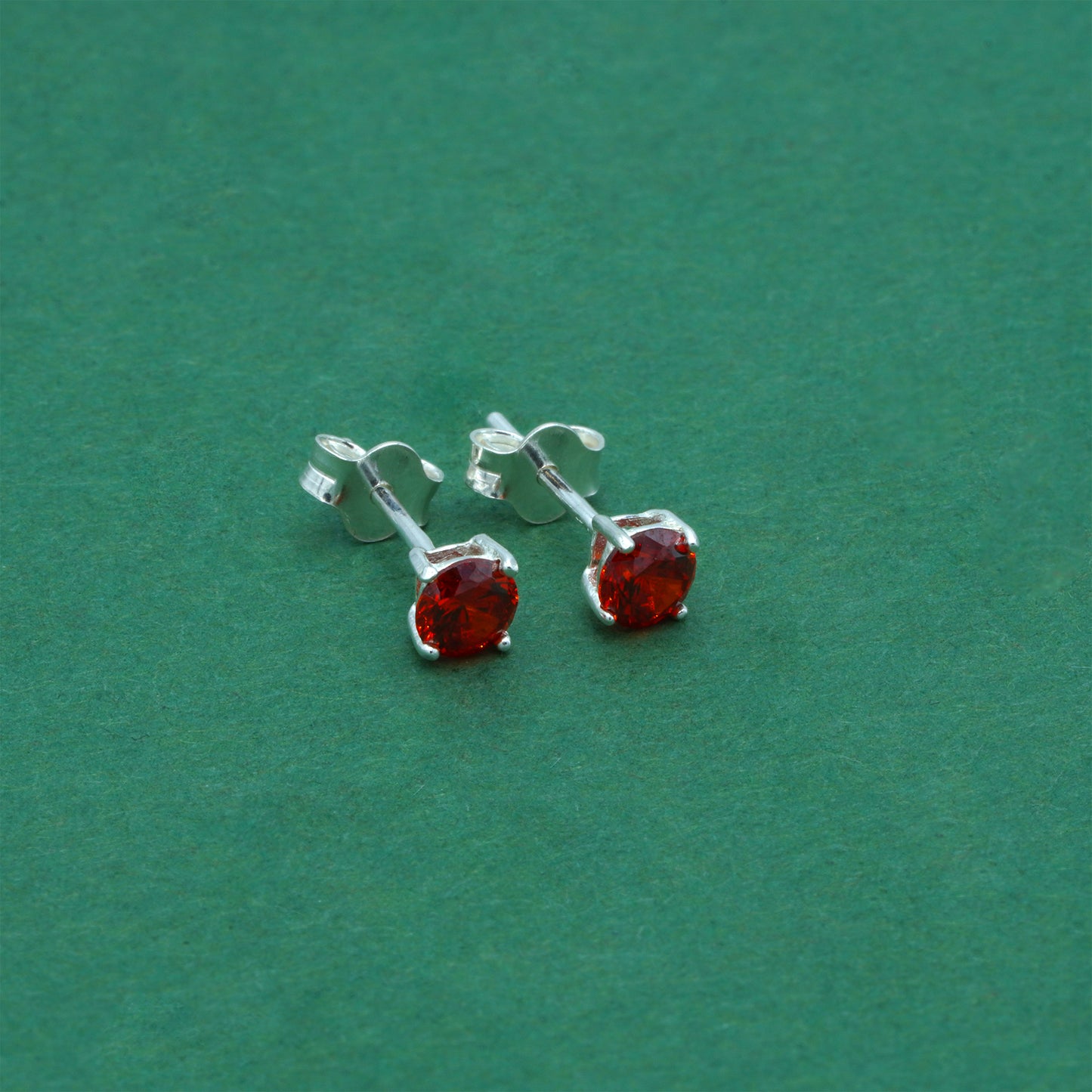 925 Sterling Silver Garnet CZ Stud Earrings 4mm, Ruby Red Cubic Zirconia Studs, Minimal Dainty Crystal Earrings