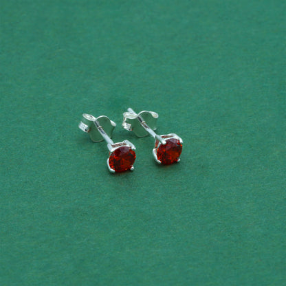 925 Sterling Silver Garnet CZ Stud Earrings 4mm, Ruby Red Cubic Zirconia Studs, Minimal Dainty Crystal Earrings