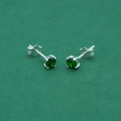 925 Sterling Silver Emerald Green CZ Stud Earrings 4mm, Emerald Cubic Zirconia Studs, Minimal Dainty Crystal Earrings
