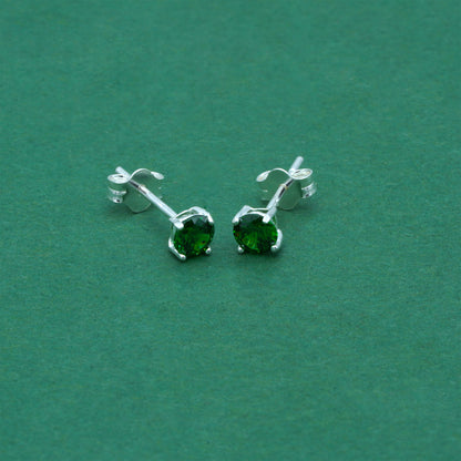 925 Sterling Silver Emerald Green CZ Stud Earrings 4mm, Emerald Cubic Zirconia Studs, Minimal Dainty Crystal Earrings
