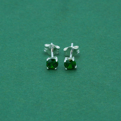 925 Sterling Silver Emerald Green CZ Stud Earrings 4mm, Emerald Cubic Zirconia Studs, Minimal Dainty Crystal Earrings