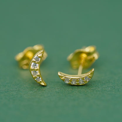 Gold Plated 925 Sterling Silver 7.5mm Cubic Zirconia Crescent Moon Studs