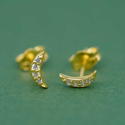 Gold Plated 925 Sterling Silver 7.5mm Cubic Zirconia Crescent Moon Studs