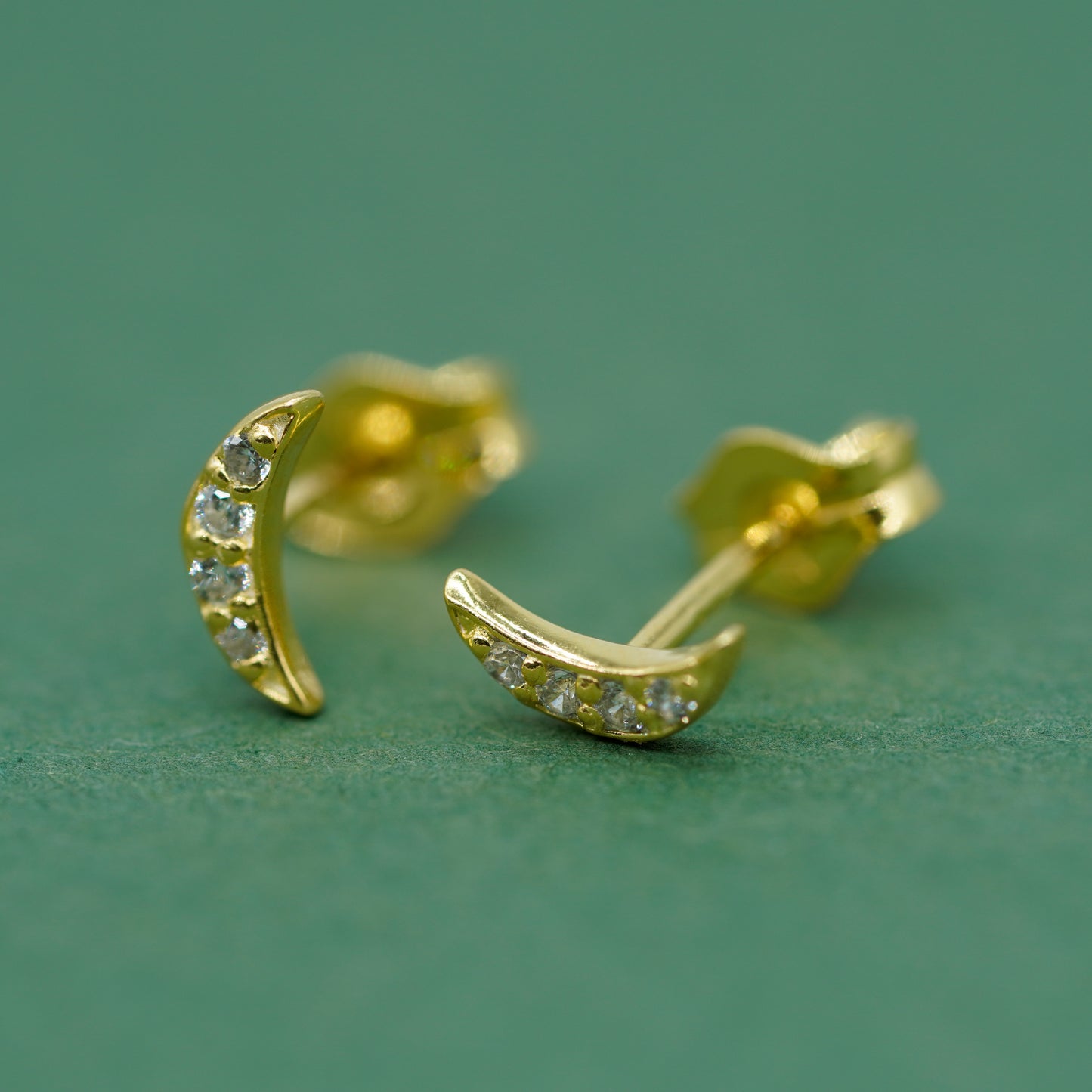 Gold Plated 925 Sterling Silver 7.5mm Cubic Zirconia Crescent Moon Studs