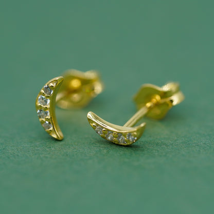 Gold Plated 925 Sterling Silver 7.5mm Cubic Zirconia Crescent Moon Studs