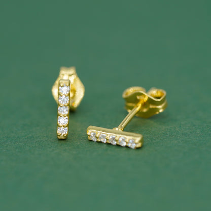 Gold Plated 925 Sterling Silver 7.5mm Cubic Zirconia Bar Studs