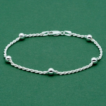 925 Sterling Silver Beaded Rope Chain Bracelet, Minimalist Silver Ball Bracelet, Gift for Her, Birthday Gift, Everyday Jewellery