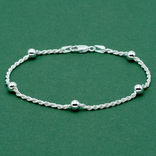 925 Sterling Silver Beaded Rope Chain Bracelet, Minimalist Silver Ball Bracelet, Gift for Her, Birthday Gift, Everyday Jewellery