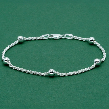 925 Sterling Silver Beaded Rope Chain Bracelet, Minimalist Silver Ball Bracelet, Gift for Her, Birthday Gift, Everyday Jewellery