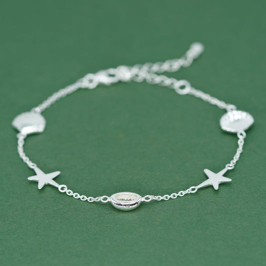 925 Sterling Silver Beach Charm Bracelet, Seashell Starfish Cowrie Shell Bracelet, Summer Jewellery, Gift for Her, Holiday Gift