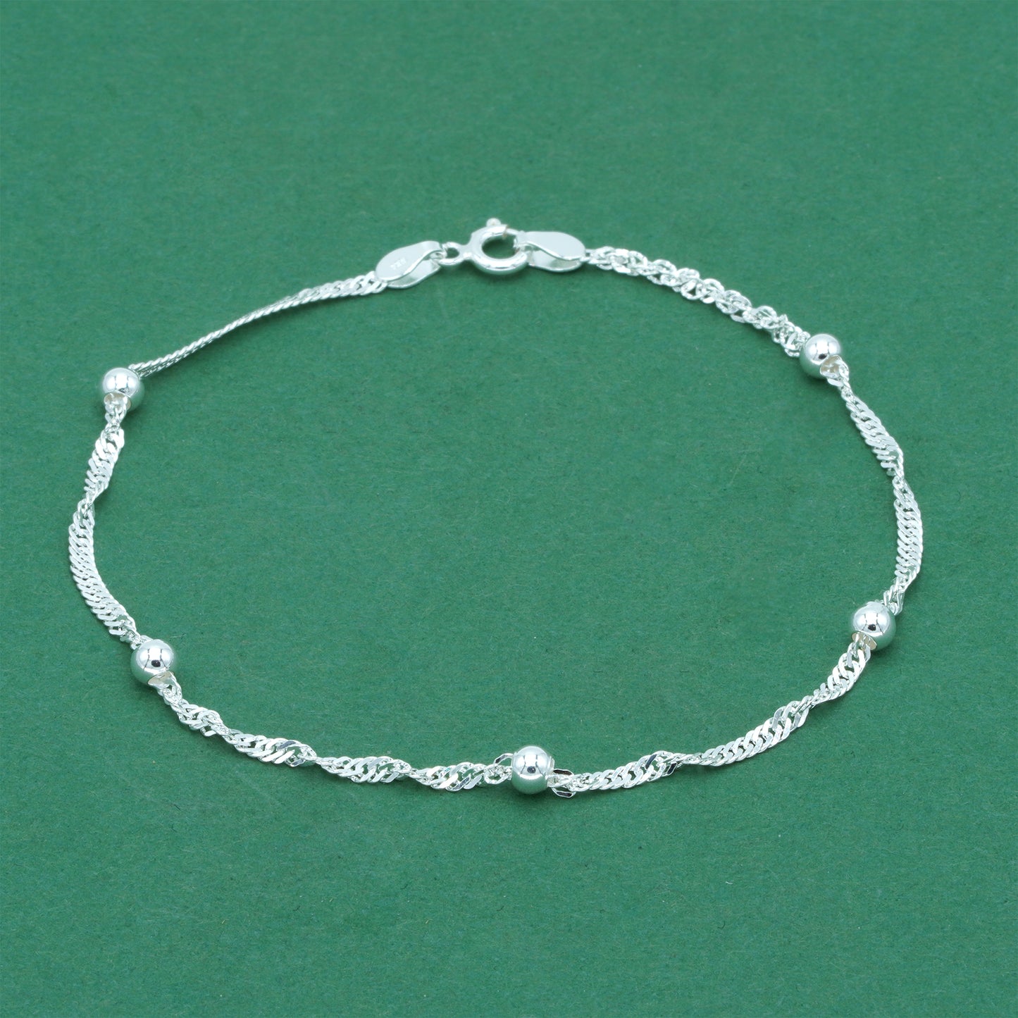 925 Sterling Silver Beaded Singapore Chain Anklet