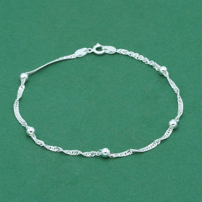 925 Sterling Silver Beaded Singapore Chain Anklet